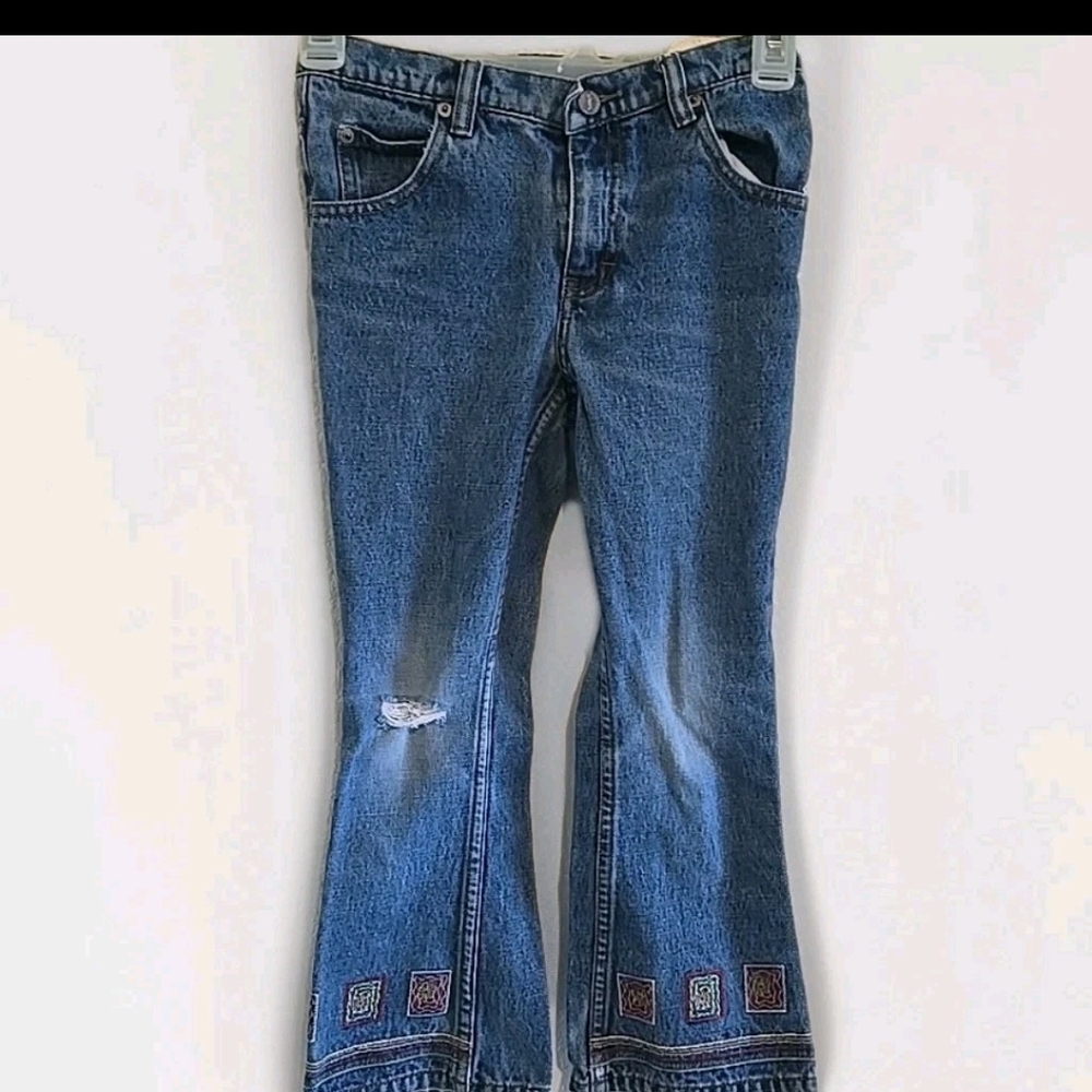Cute Girl's Blue Flare Jeans with Embroidered Hem